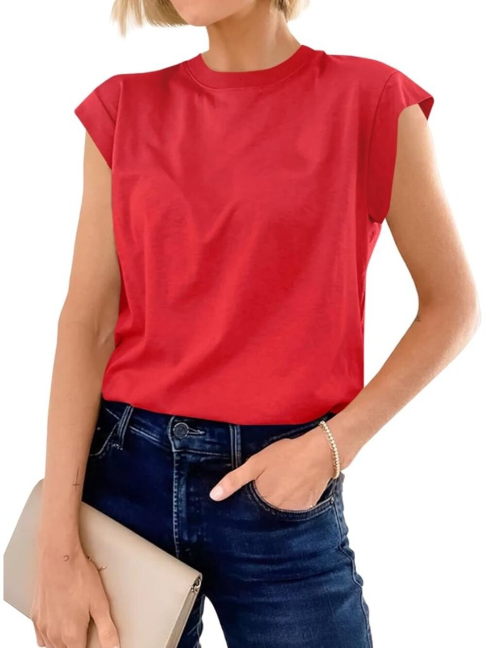 Women's Red Short Sleeve Crew Neck Basic Tee Loose Fit Cotton T Shirts